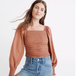 Madewell Lucie Bubble-Sleeve Smocked Top in Warm Umber Rust